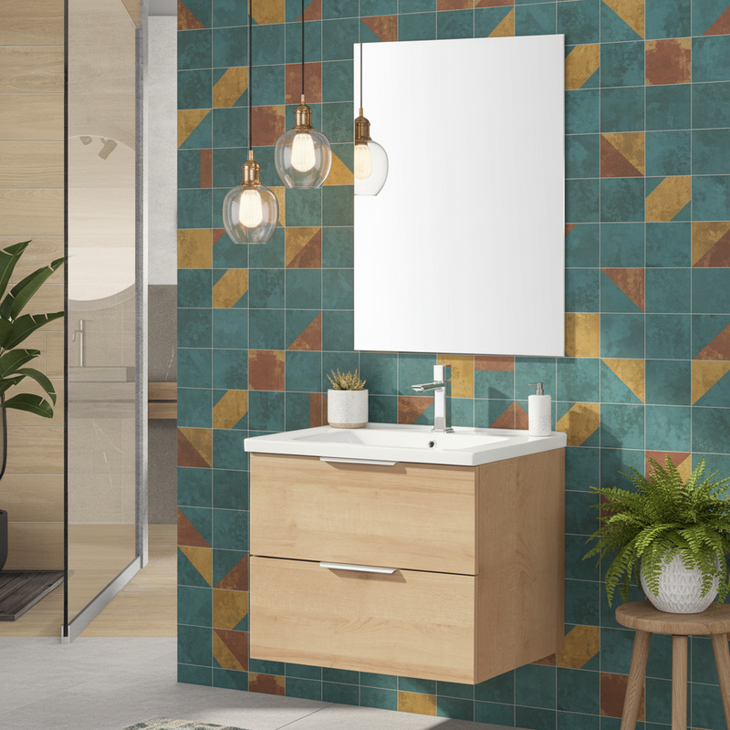 Mobile Bagno Sospeso 100 Cm Due Cassetti Specchio a Filo 60x100 Cm colore Rovere Medio