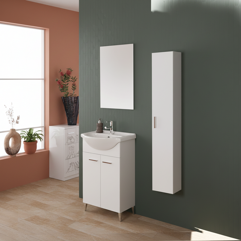 Mobile Bagno a Terra 55 Cm Due Ante Specchio 48x73 Cm Cubi&Co "Stella" Bianco Lucido