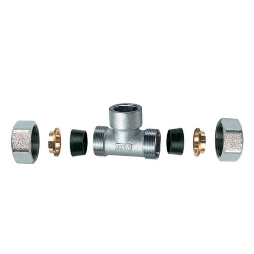 Raccordo cromato a t con 2 monoconi in gomma per rame 3/4 x 18