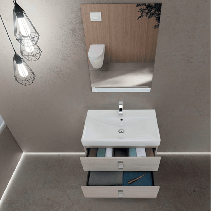 Mobile da bagno sospeso da 75 cm finitura Rovere Chiaro completo di lavabo e Specchio a Filo 60x80