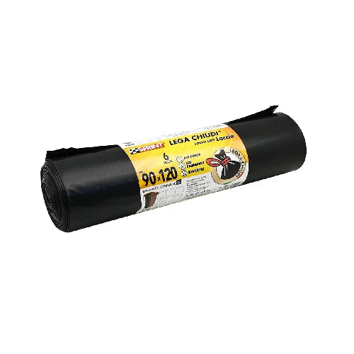 6 pz sacchi spazzatura lega e chiudi c/laccio 80 my trasparente cm 90 x 120