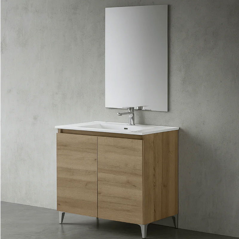 Mobile Bagno a Terra 80 Cm Due Ante Specchio a Filo 80x60 Cm finitura Rovere Riviera Cubi&Co collezione Cube