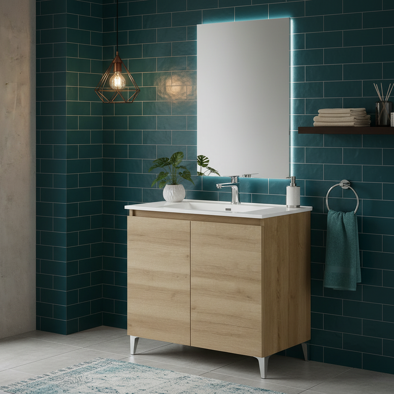 Mobile Bagno a Terra 80 Cm Due Ante Specchio a Filo 80x60 Cm finitura Rovere Riviera Cubi&Co collezione Cube