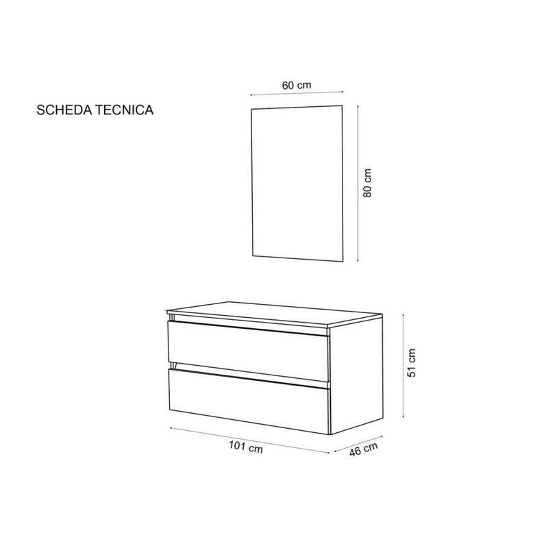 Mobile Bagno Sospeso 100 Cm Due Cassetti Specchio a Filo 80x60 Cm colore Ossido Grigio/Rovere Riviera
