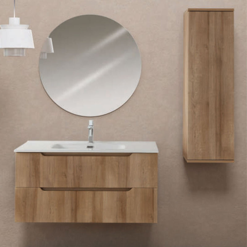 Mobile da bagno sospeso da 100 cm con frontale Cannettato finitura Rovere Riviera completo di lavabo e specchio