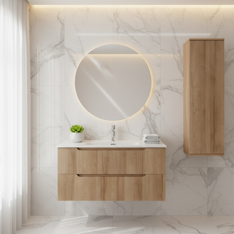 Mobile da bagno sospeso da 100 cm con frontale Cannettato finitura Rovere Riviera completo di lavabo e specchio