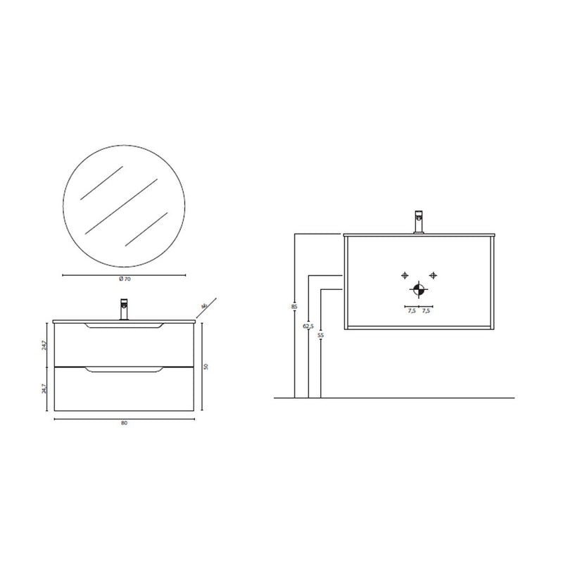 Mobile da bagno sospeso da 80 cm con frontale Cannettato finitura Rovere Chiaro completo di lavabo e specchio