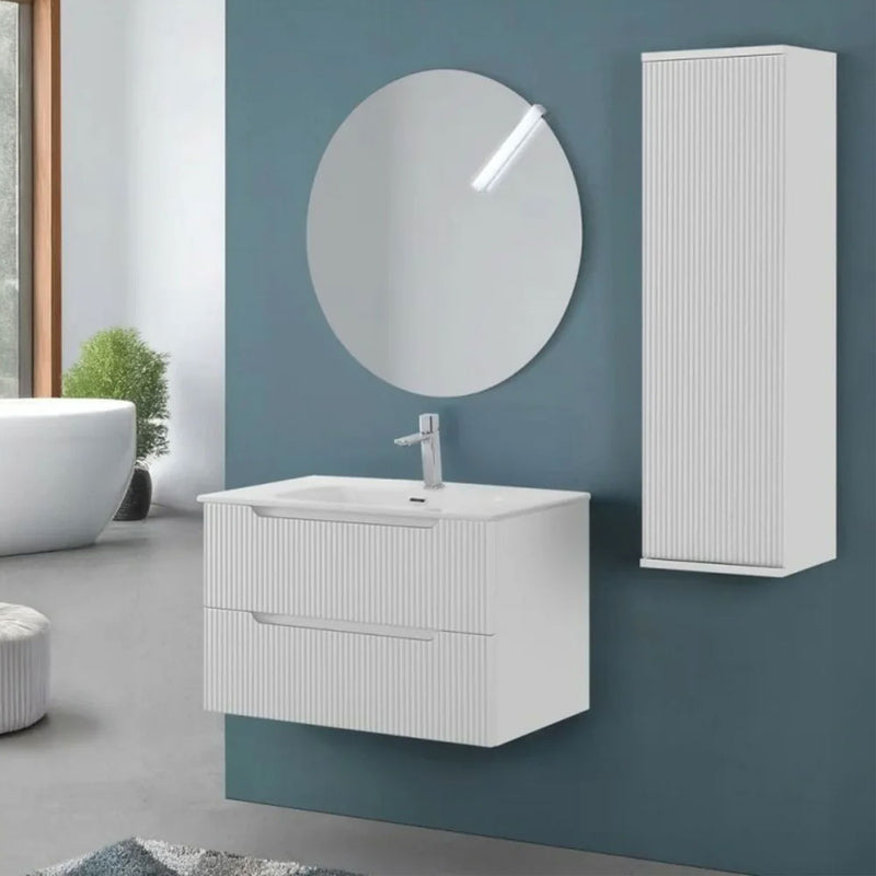 Mobile da bagno sospeso da 100 cm con frontale Cannettato finitura Rovere Chiaro completo di lavabo e specchio