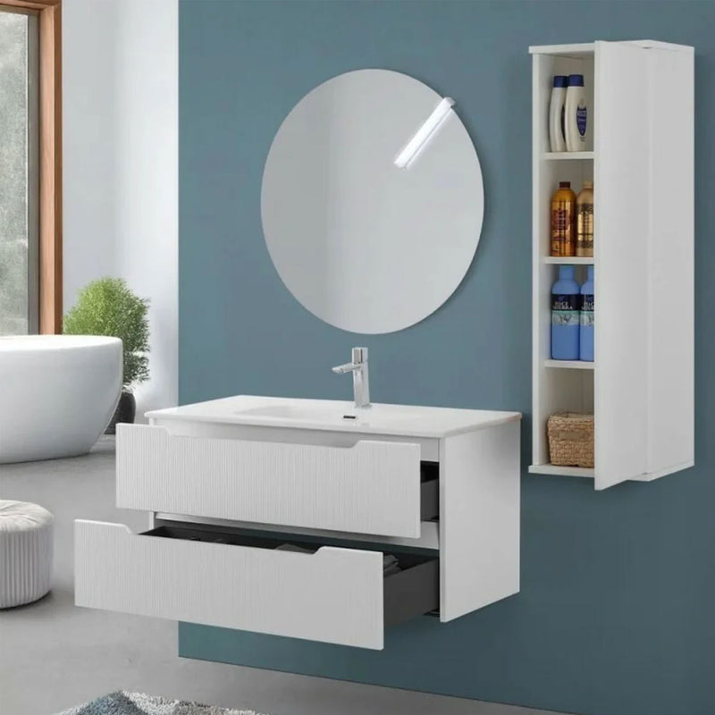 Mobile da bagno sospeso da 100 cm con frontale Cannettato finitura Rovere Chiaro completo di lavabo e specchio