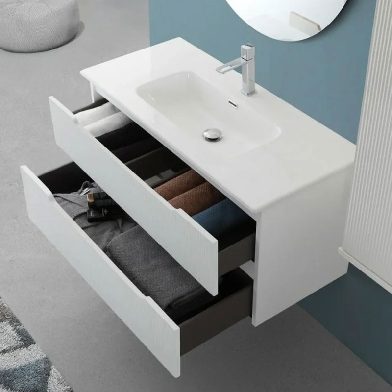 Mobile da bagno sospeso da 100 cm con frontale Cannettato finitura Rovere Chiaro completo di lavabo e specchio