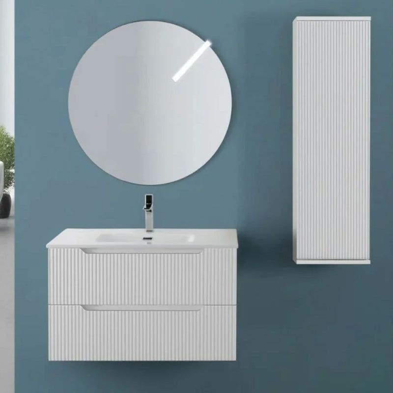 Mobile da bagno sospeso da 100 cm con frontale Cannettato finitura Rovere Chiaro completo di lavabo e specchio