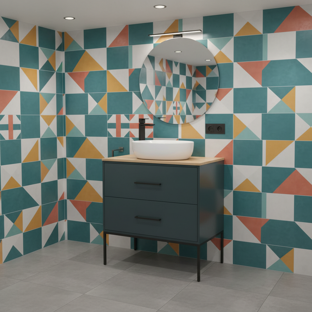 Mobile Sospeso 2 Cassetti 80 CM colore Verde Petrolio con lavabo e specchio tondo da 60 CM Venus