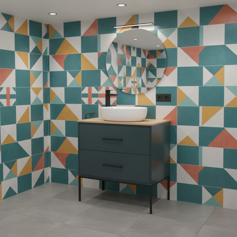 Mobile Sospeso 2 Cassetti 80 CM colore Verde Petrolio con lavabo e specchio tondo da 60 CM Venus