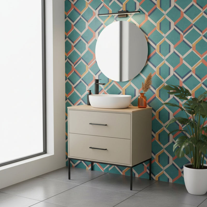 Mobile Sospeso 2 Cassetti 80 CM colore Tortora con lavabo e specchio tondo da 60 CM Venus