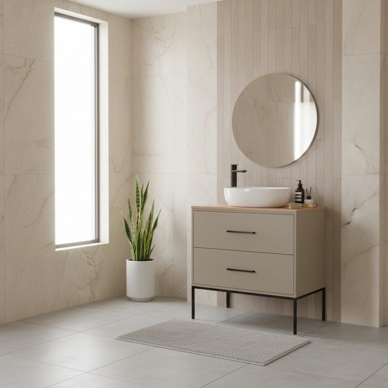 Mobile Sospeso 2 Cassetti 80 CM colore Tortora con lavabo e specchio tondo da 60 CM Venus