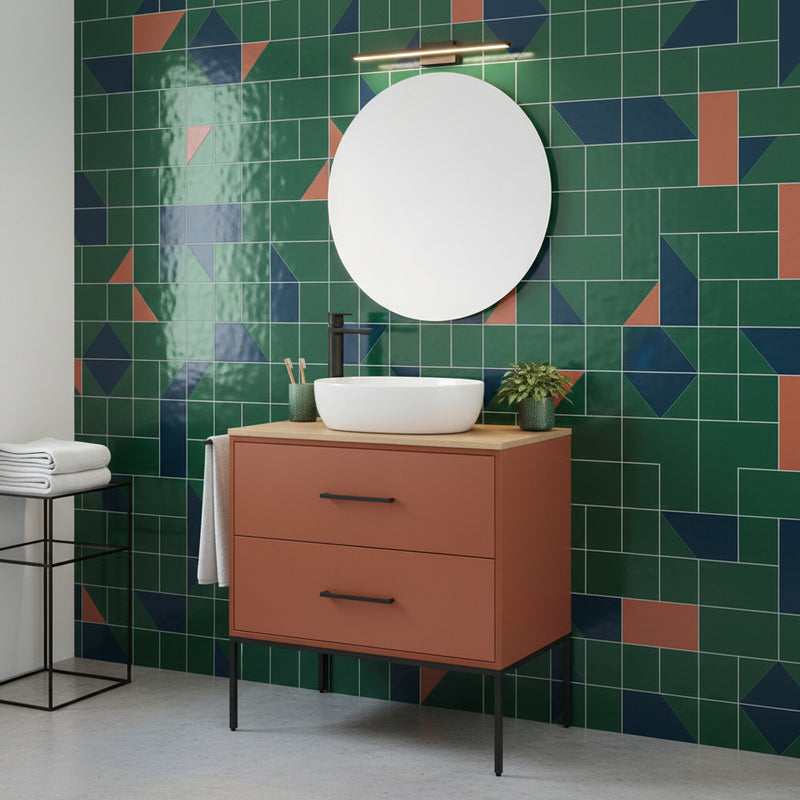 Mobile Sospeso 2 Cassetti 80 CM colore Mattone con lavabo e specchio tondo da 60 CM Venus