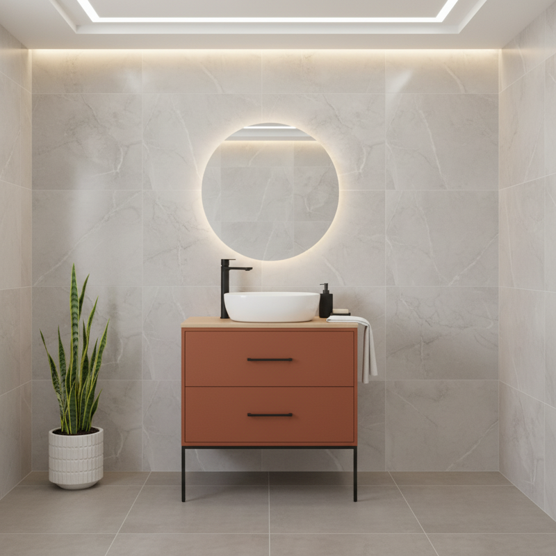 Mobile Sospeso 2 Cassetti 80 CM colore Mattone con lavabo e specchio tondo da 60 CM Venus