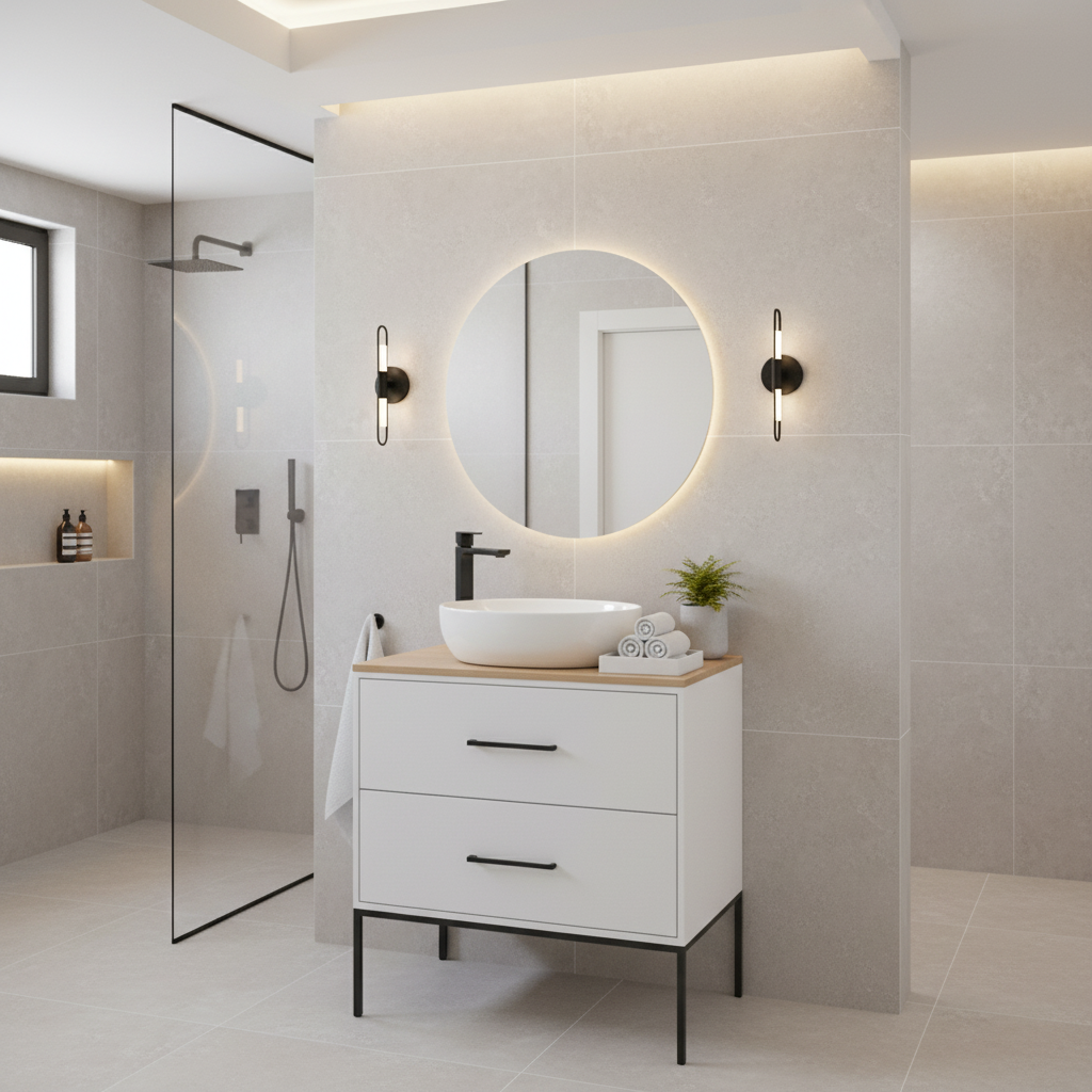 Mobile Sospeso 2 Cassetti 80 CM colore Bianco Opaco con lavabo e specchio tondo da 60 CM Venus