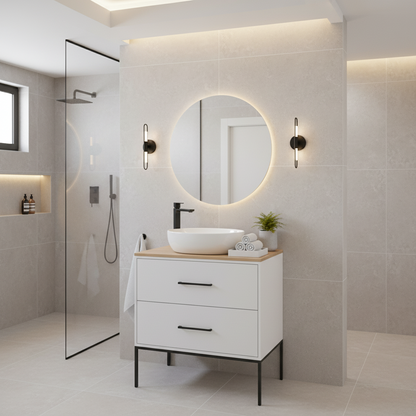Mobile Sospeso 2 Cassetti 80 CM colore Bianco Opaco con lavabo e specchio tondo da 60 CM Venus