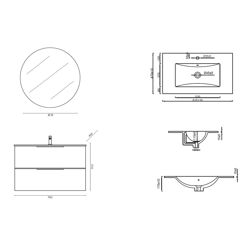 Mobile Sospeso da 80 cm Cannettato a 2 Cassetti da colore Grigio Collezione Rigo con specchio tondo