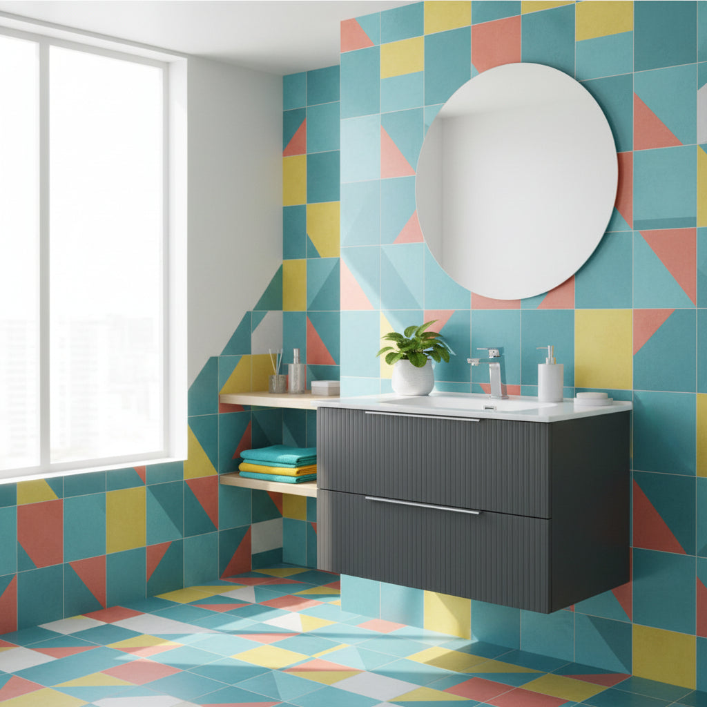 Mobile Sospeso da 80 cm Cannettato a 2 Cassetti da colore Grigio Collezione Rigo con specchio tondo