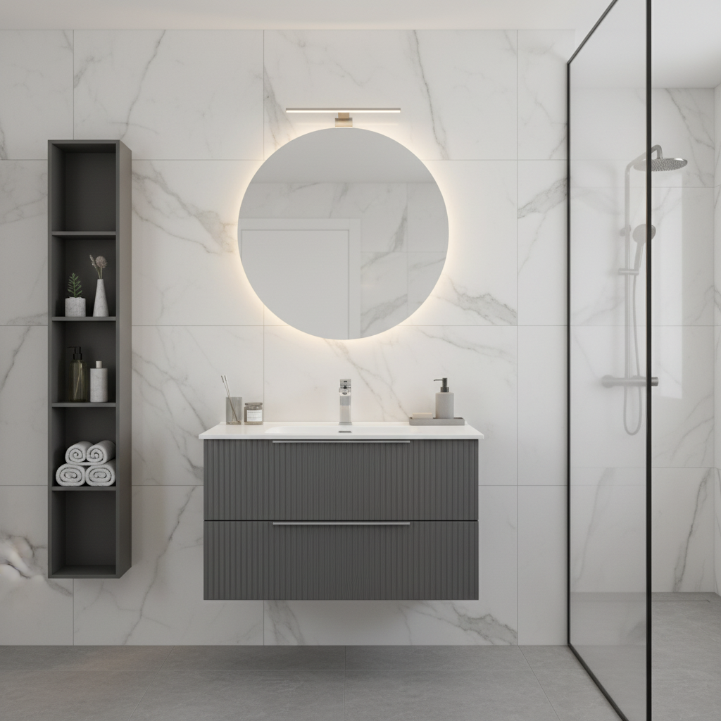 Mobile Sospeso da 80 cm Cannettato a 2 Cassetti da colore Grigio Collezione Rigo con specchio tondo