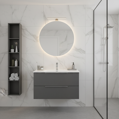 Mobile Sospeso da 80 cm Cannettato a 2 Cassetti da colore Grigio Collezione Rigo con specchio tondo