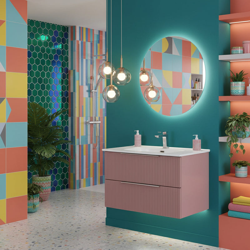 Mobile Sospeso da 100 cm Cannettato a 2 Cassetti da colore Rosa Collezione Rigo con specchio tondo