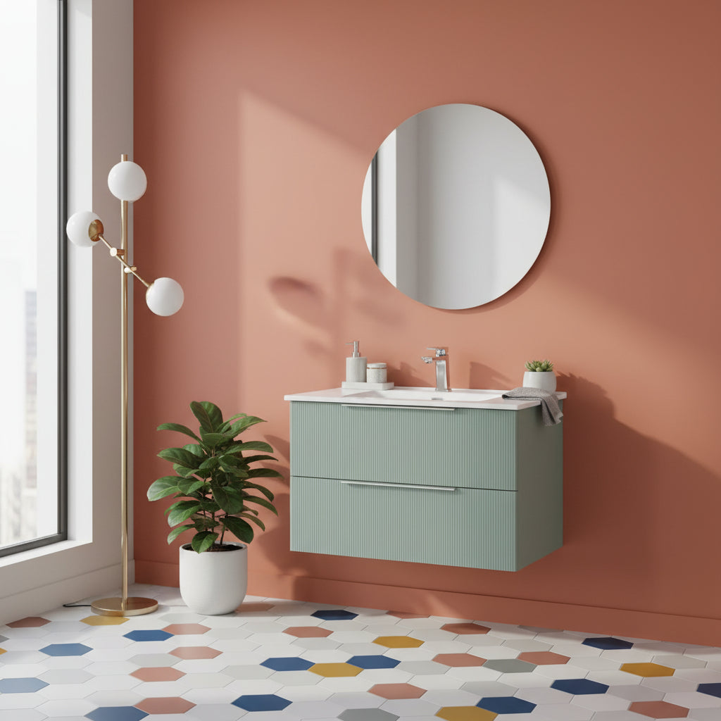 Mobile Sospeso da 80 cm Cannettato a 2 Cassetti da colore Verde Collezione Rigo con specchio tondo