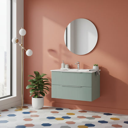 Mobile Sospeso da 80 cm Cannettato a 2 Cassetti da colore Verde Collezione Rigo con specchio tondo