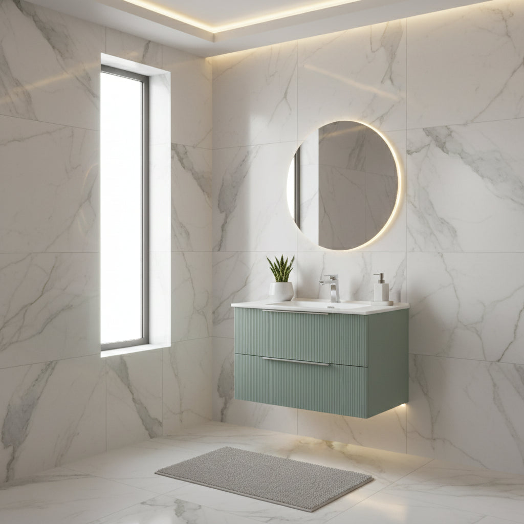 Mobile Sospeso da 80 cm Cannettato a 2 Cassetti da colore Verde Collezione Rigo con specchio tondo