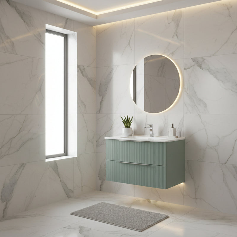 Mobile Sospeso da 100 cm Cannettato a 2 Cassetti da colore Verde Collezione Rigo con specchio tondo