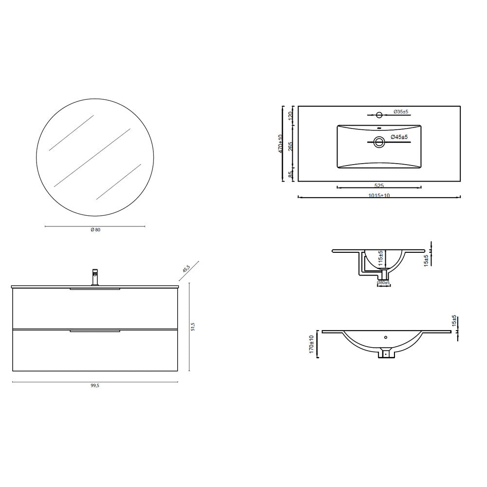 Mobile Sospeso 100 cm Cannettato a 2 Cassetti da colore Grigio Collezione Rigo con specchio tondo