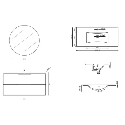 Mobile Sospeso 100 cm Cannettato a 2 Cassetti da colore Grigio Collezione Rigo con specchio tondo