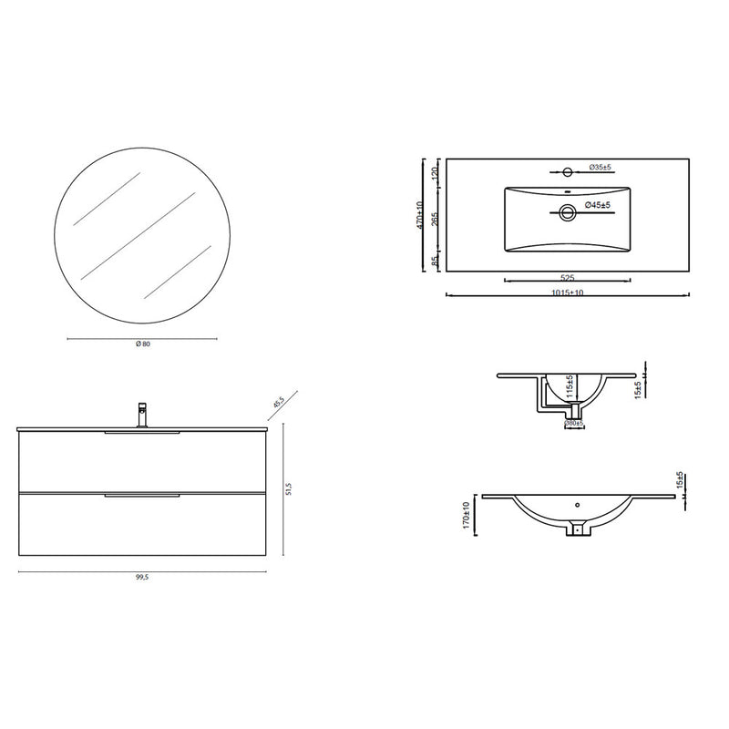 Mobile Sospeso 100 cm Cannettato a 2 Cassetti da colore Grigio Collezione Rigo con specchio tondo