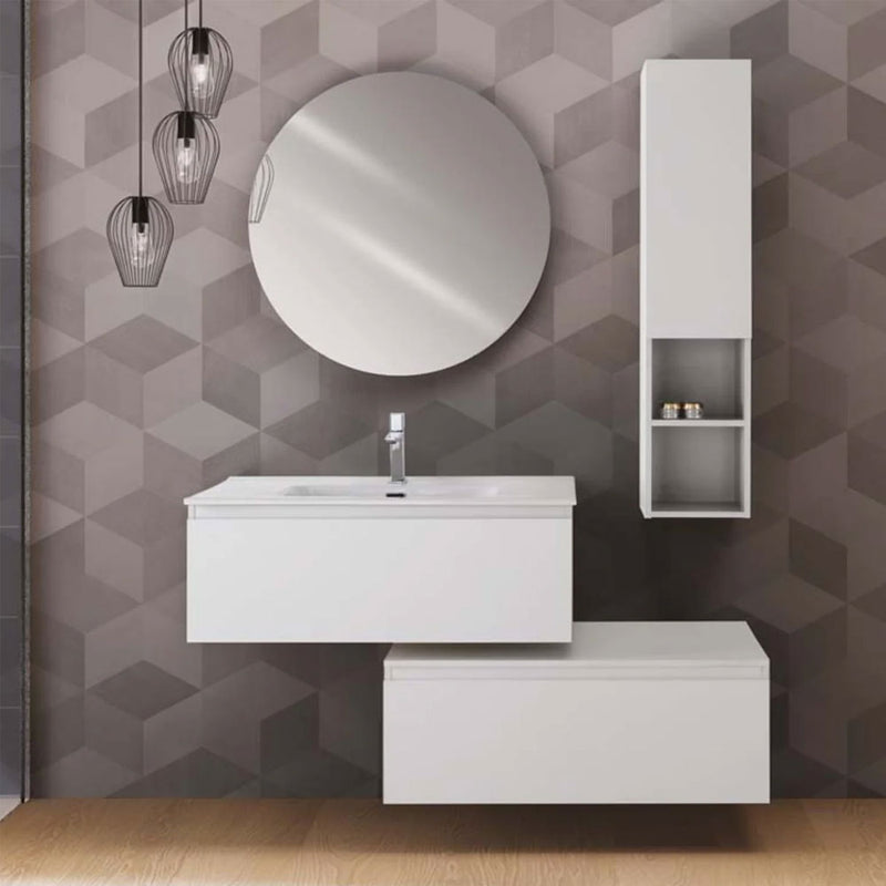 Mobile da bagno sospeso sfalsato da 90 cm con 2 cassetti e specchio tondo da cm 80 finitura Bianco Opaco