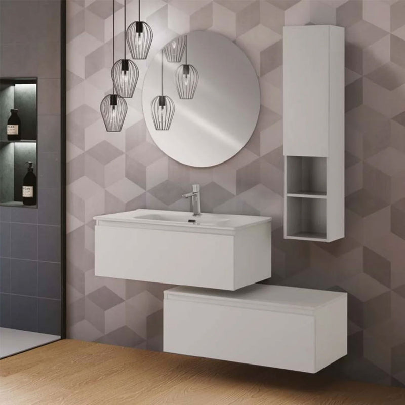 Mobile da bagno sospeso sfalsato da 90 cm con 2 cassetti e specchio tondo da cm 80 finitura Bianco Opaco