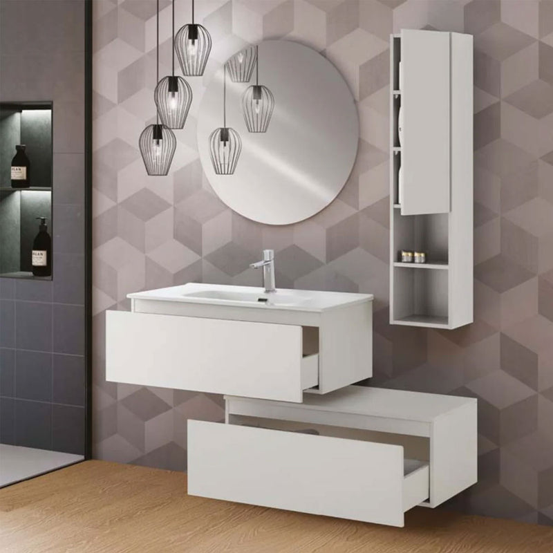 Mobile da bagno sospeso sfalsato da 90 cm con 2 cassetti e specchio tondo da cm 80 finitura Bianco Opaco