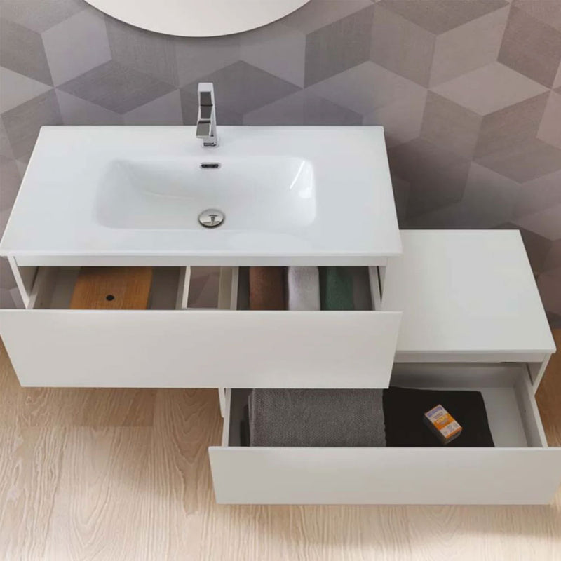 Mobile da bagno sospeso sfalsato da 90 cm con 2 cassetti e specchio tondo da cm 80 finitura Bianco Opaco