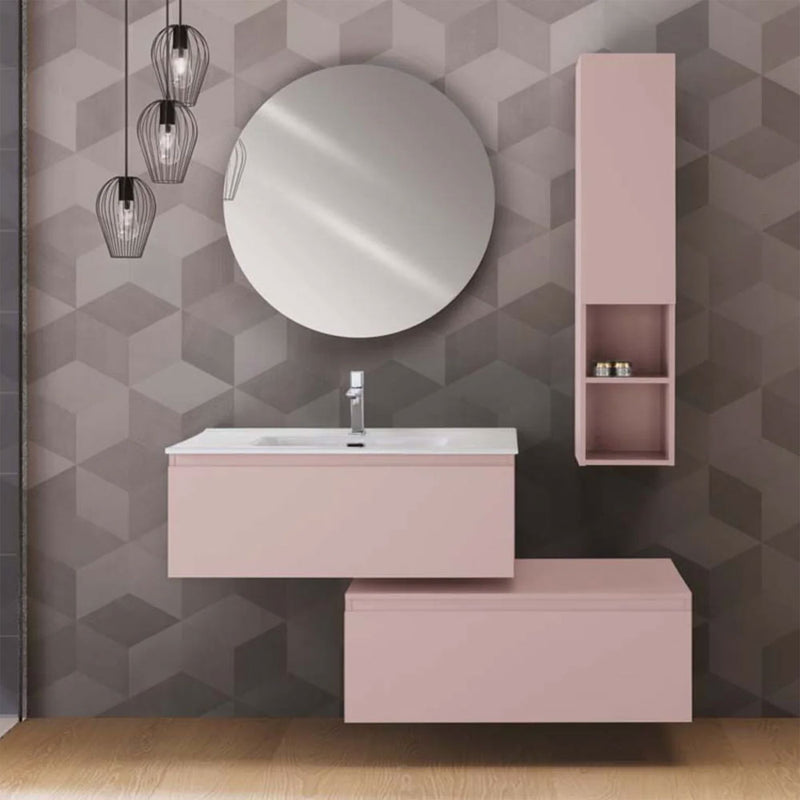Mobile da bagno sospeso sfalsato da 90 cm con 2 cassetti e specchio tondo da cm 80 colore rosa opaco
