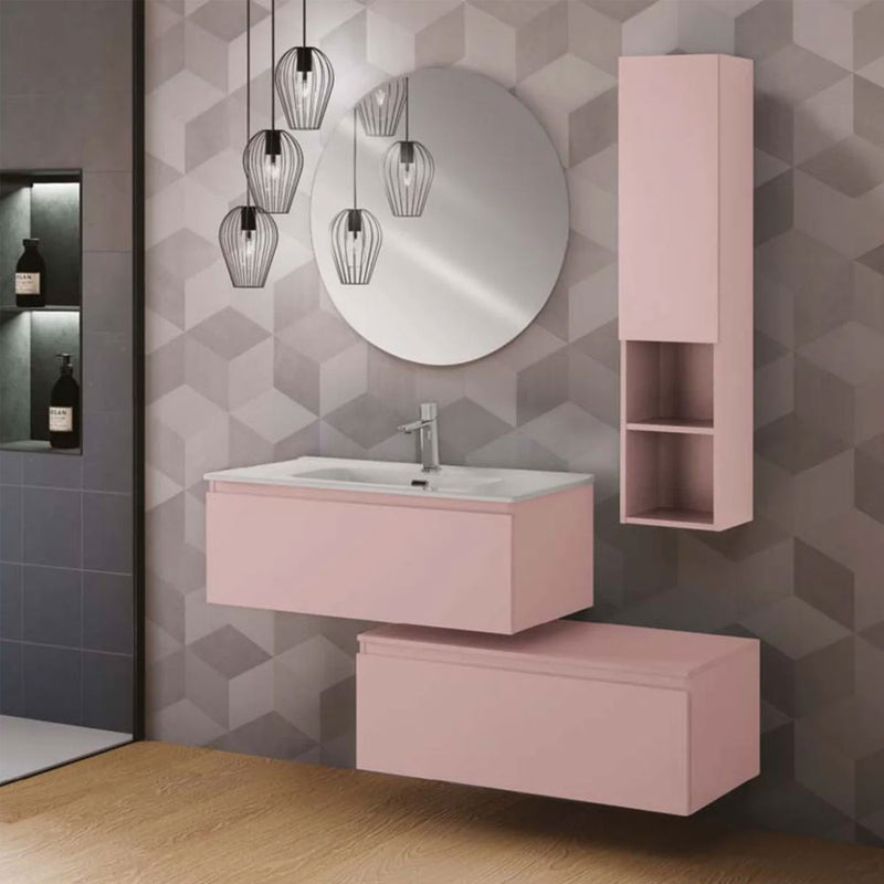 Mobile da bagno sospeso sfalsato da 90 cm con 2 cassetti e specchio tondo da cm 80 colore rosa opaco