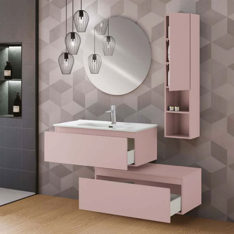 Mobile da bagno sospeso sfalsato da 90 cm con 2 cassetti e specchio tondo da cm 80 colore rosa opaco