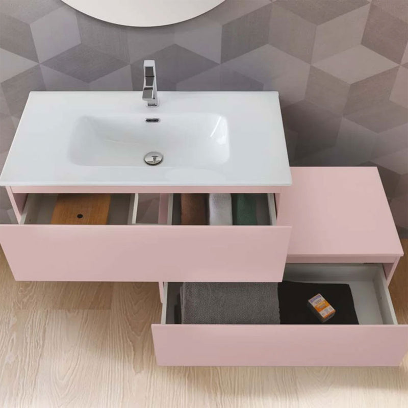 Mobile da bagno sospeso sfalsato da 90 cm con 2 cassetti e specchio tondo da cm 80 colore rosa opaco