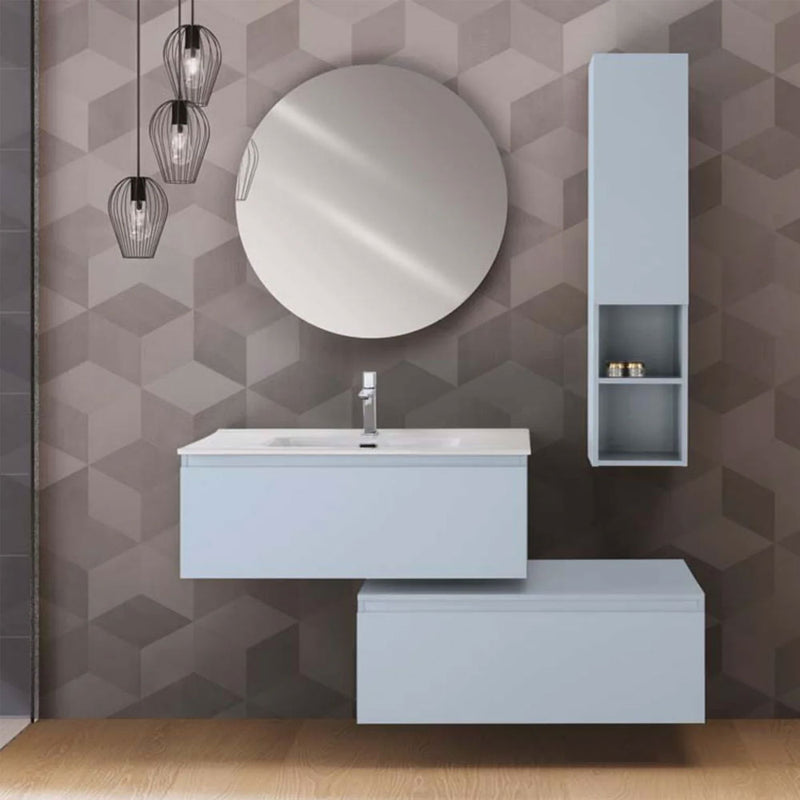Mobile da bagno sospeso sfalsato da 90 cm con 2 cassetti e specchio tondo da cm 80 colore Azzurro Polvere Opaco