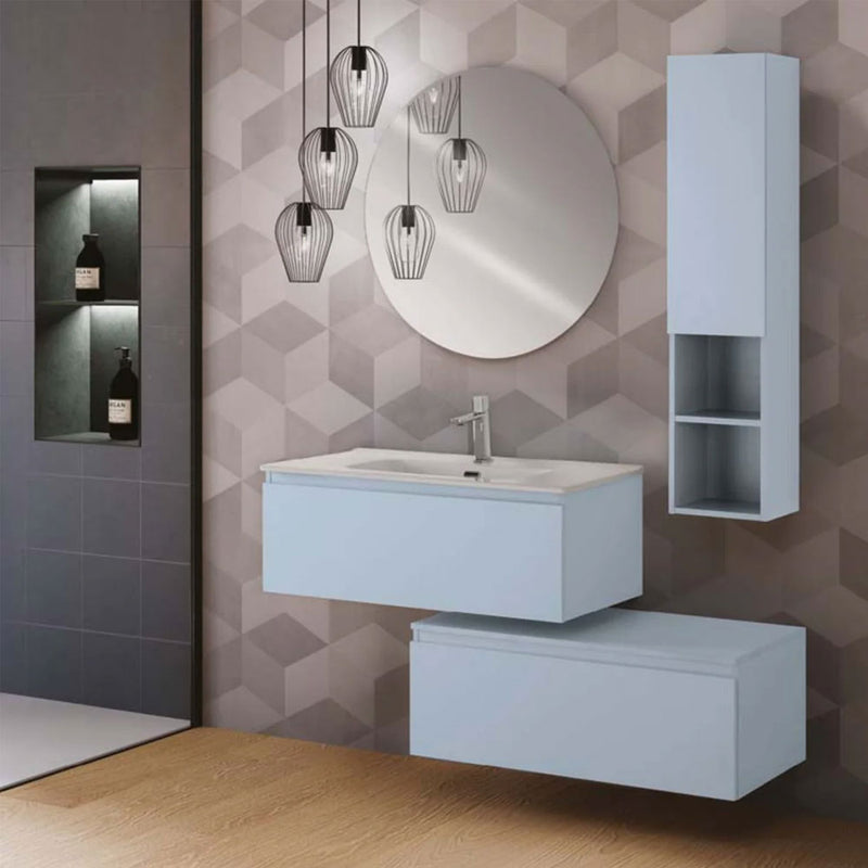 Mobile da bagno sospeso sfalsato da 90 cm con 2 cassetti e specchio tondo da cm 80 colore Azzurro Polvere Opaco