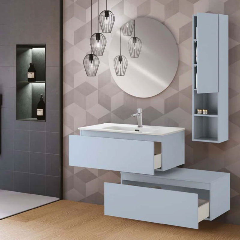 Mobile da bagno sospeso sfalsato da 90 cm con 2 cassetti e specchio tondo da cm 80 colore Azzurro Polvere Opaco