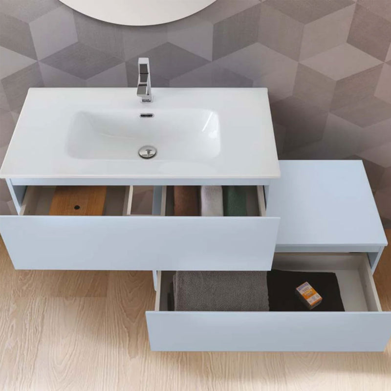 Mobile da bagno sospeso sfalsato da 90 cm con 2 cassetti e specchio tondo da cm 80 colore Azzurro Polvere Opaco