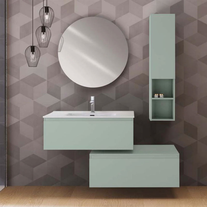 Mobile da bagno sospeso sfalsato da 90 cm con 2 cassetti e specchio tondo da cm 80 colore Verde Opaco