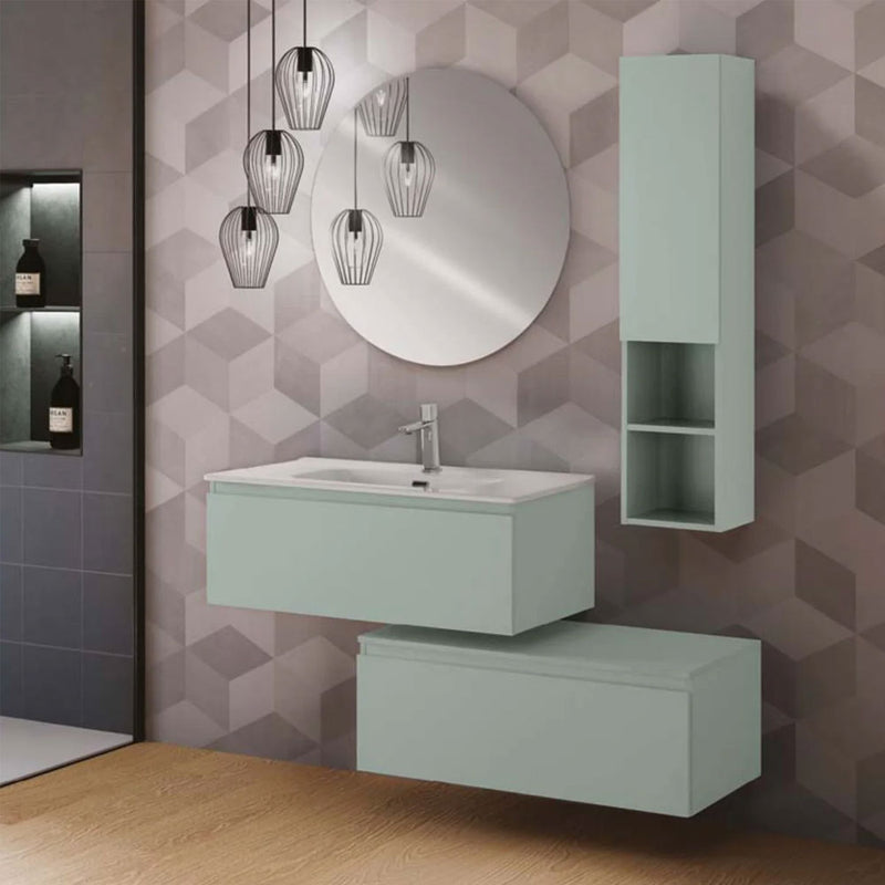 Mobile da bagno sospeso sfalsato da 90 cm con 2 cassetti e specchio tondo da cm 80 colore Verde Opaco
