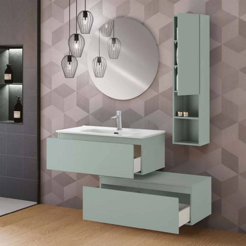 Mobile da bagno sospeso sfalsato da 90 cm con 2 cassetti e specchio tondo da cm 80 colore Verde Opaco